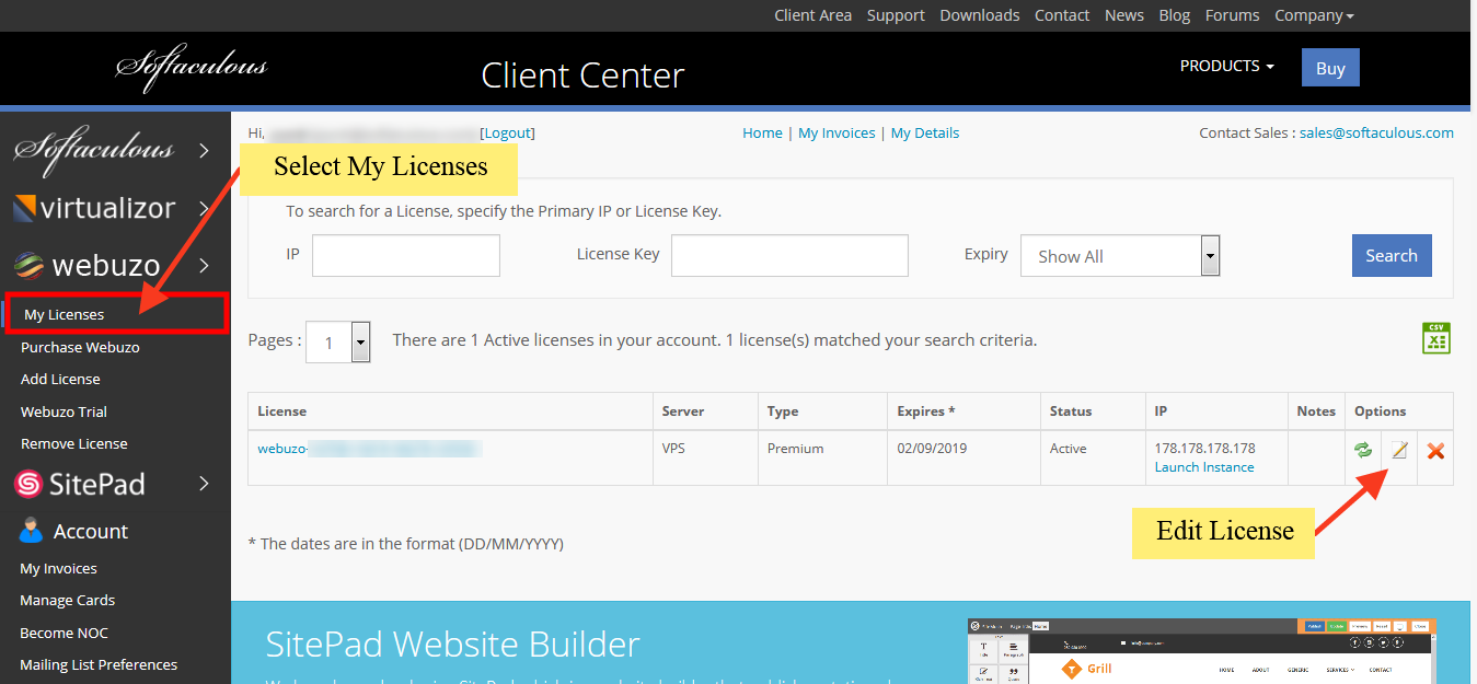 Change License IP – Webuzo