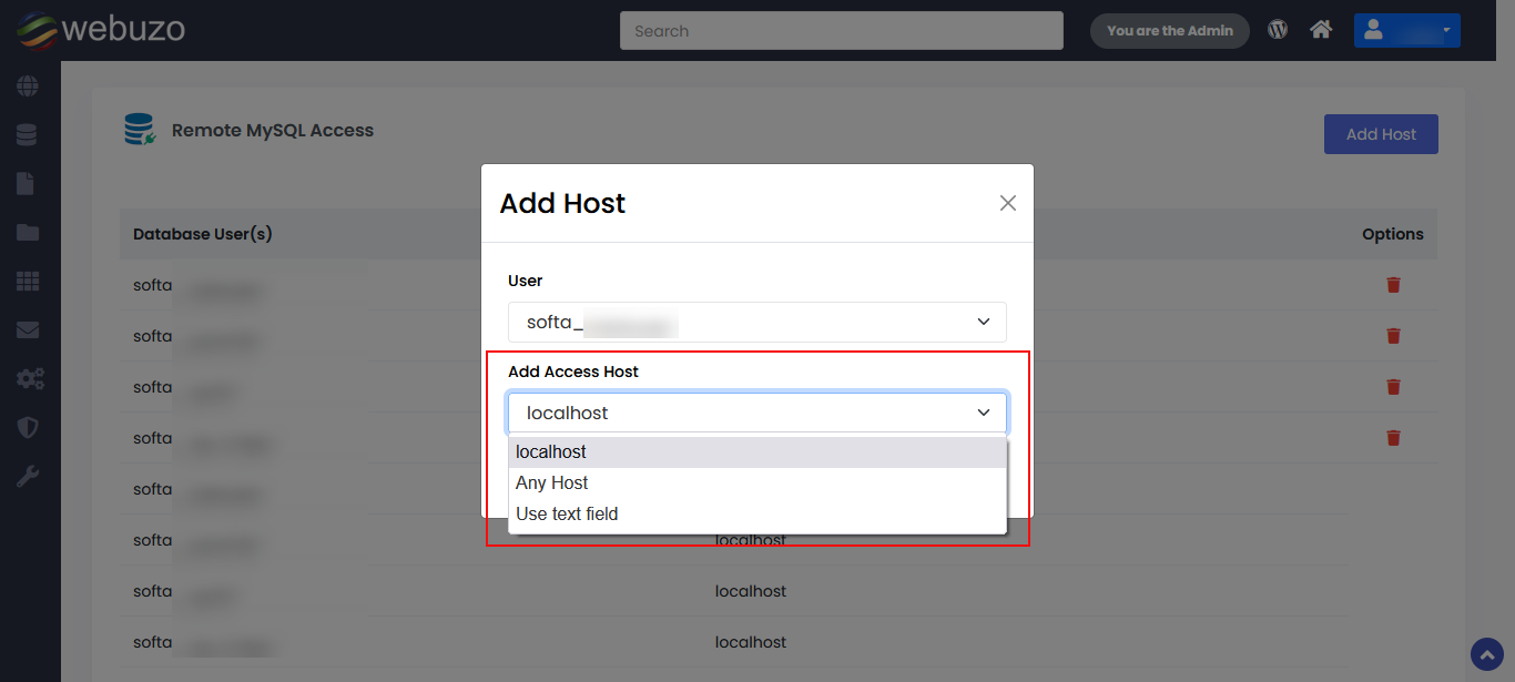 Remote MySQL Access – Webuzo